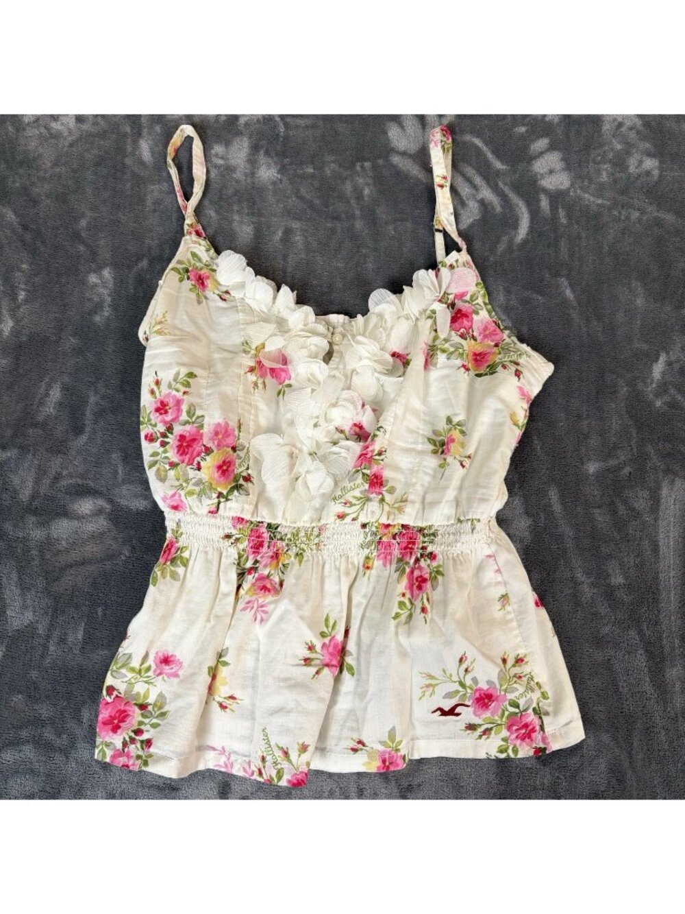 Hollister Womens White Floral Ruffled Cami Top Shirred Waist Straps Sz M